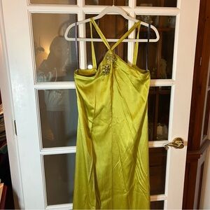 Vera Wang Lime Green Satin Maxi Dress with Embellished Halter Great Condition